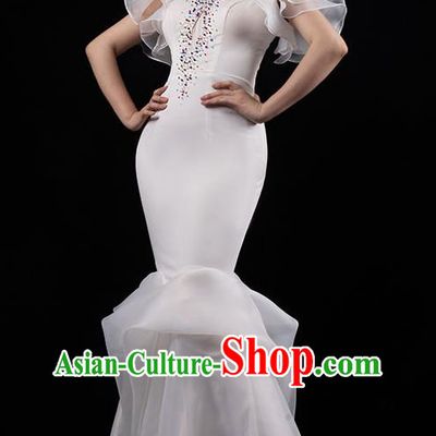 Top Grade Annual Meeting Compere Full Dress Stage Show Clothing Catwalks White Fishtail Dress