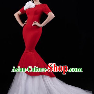 Top Grade Stage Show Compere Clothing Annual Meeting Red Full Dress Catwalks White Veil Trailing Dress