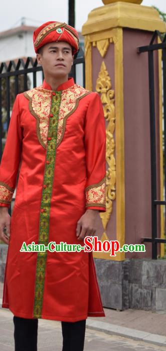 Thailand Traditional Bridegroom Costumes Asian Thai Prince Wedding Red Long Gown Clothing and Hat Thailand Traditional Bridegroom Costumes Asian Thai Prince Wedding Red Long Gown Clothing and Hat