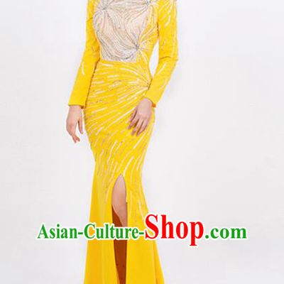 Top Grade Stage Show Clothing Annual Meeting Embroidery Beads Full Dress Catwalks Compere Yellow Trailing Dress