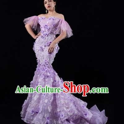 Top Grade Stage Show Clothing Annual Meeting Off Shoulder Full Dress Catwalks Compere Purple Trailing Dress