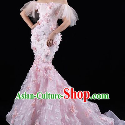 Top Grade Catwalks Compere Pink Flowers Trailing Dress Stage Show Clothing Annual Meeting Off Shoulder Full Dress