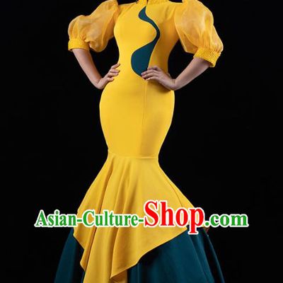 Chinese Stage Show Yellow Fishtail Qipao Dress Catwalks Costume Modern Cheongsam