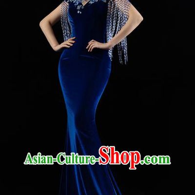 Top Grade Catwalks Royalblue Velvet Tassel Dress Stage Show Clothing Annual Meeting Trailing Full Dress