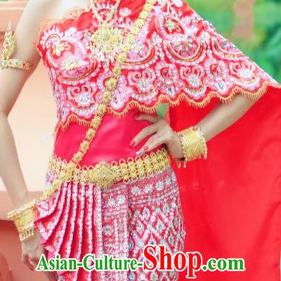 Traditional Thailand Embroidery Blouse and Pink Skirt Asian Thai Dress Clothing Wedding Uniforms