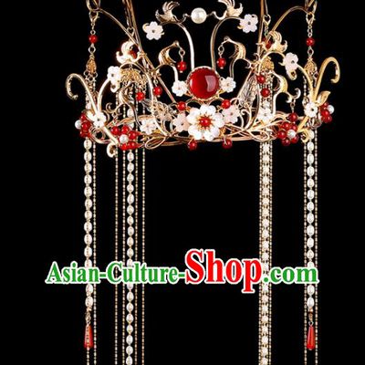 China Traditional Wedding Xiuhe Suit Headdress Ancient Bride Pearls Tassel Hair Crown