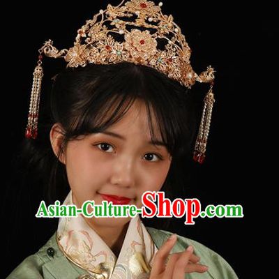 China Traditional Ming Dynasty Wedding Hair Accessories Ancient Empress Golden Peony Pearls Hair Crown