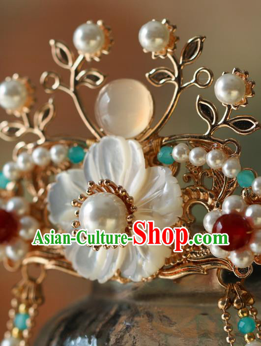 China Traditional Hanfu Shell Flower Hair Clasp Ancient Princess Tassel Hair Crown China Traditional Hanfu Shell Flower Hair Clasp Ancient Princess Tassel Hair Crown