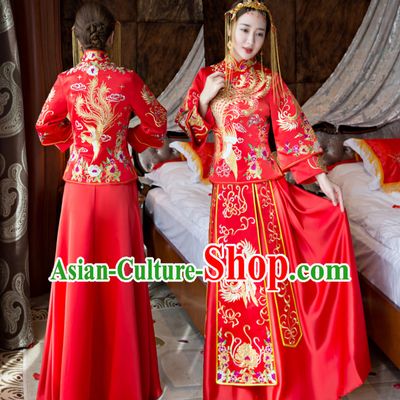 Traditional Chinese Classical Lucky Red Phoenix Bride Wedding Dresses