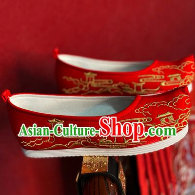 Lucky Red Chinese Classical Handmade Embroidered Ancient Building Hanfu Shoes Han Fu Footwear for Men or Women