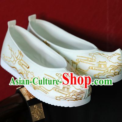 White Ancient China Building Pavilion Embroidery Chinese Classical Handmade Embroidered Hanfu Shoes Han Fu Footwear for Men or Women