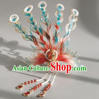 China Traditional Ming Dynasty Noble Woman Hair Crown Ancient Palace Princess Red Phoenix Tassel Hairpin