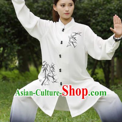 China Tai Chi Training Costumes Traditional Martial Arts Ink Painting Bamboo White Uniforms