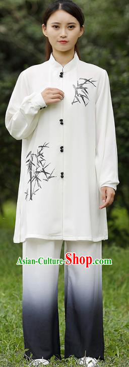 China Tai Chi Training Costumes Traditional Martial Arts Ink Painting Bamboo White Uniforms China Tai Chi Training Costumes Traditional Martial Arts Ink Painting Bamboo White Uniforms