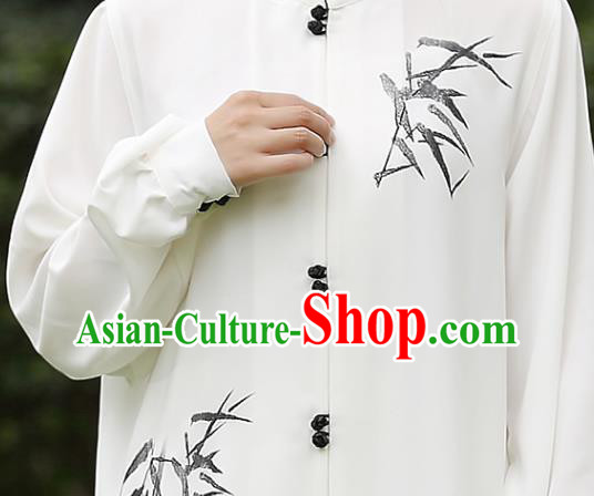 China Tai Chi Training Costumes Traditional Martial Arts Ink Painting Bamboo White Uniforms China Tai Chi Training Costumes Traditional Martial Arts Ink Painting Bamboo White Uniforms