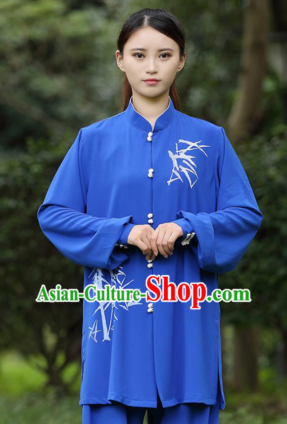 China Traditional Martial Arts Printing Bamboo Blue Uniforms Tai Chi Training Costumes China Traditional Martial Arts Printing Bamboo Blue Uniforms Tai Chi Training Costumes
