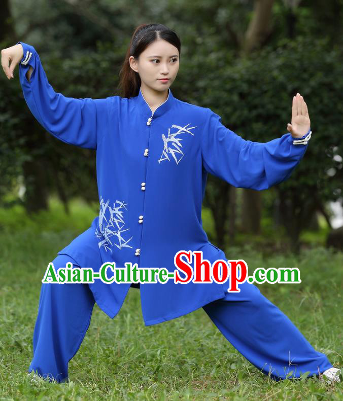 China Traditional Martial Arts Printing Bamboo Blue Uniforms Tai Chi Training Costumes China Traditional Martial Arts Printing Bamboo Blue Uniforms Tai Chi Training Costumes