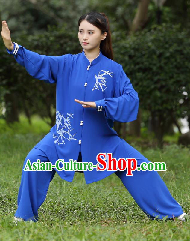 China Traditional Martial Arts Printing Bamboo Blue Uniforms Tai Chi Training Costumes China Traditional Martial Arts Printing Bamboo Blue Uniforms Tai Chi Training Costumes