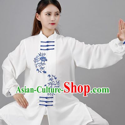 China Traditional Kung Fu Embroidered White Flax Uniforms Tai Chi Competition Costumes