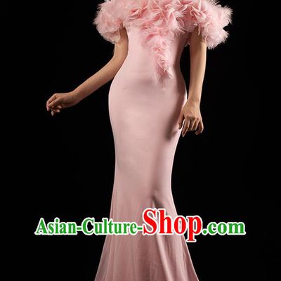 Top Grade Catwalks Pink Feather Off Shoulder Dress Stage Show Clothing Annual Meeting Full Dress
