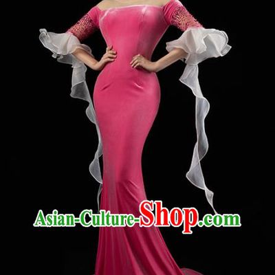 Top Grade Annual Meeting Clothing Stage Show Wedding Full Dress Catwalks Compere Rosy Velvet Trailing Dress