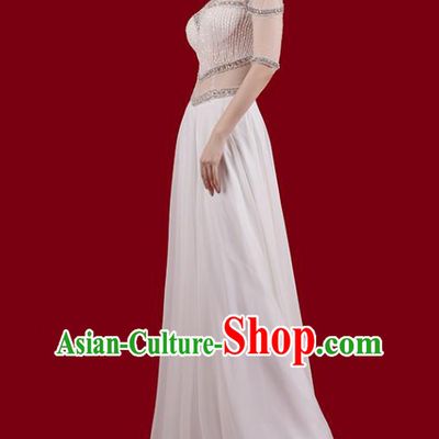 Top Grade Catwalks Embroidered Beads Full Dress Stage Show White Slim Dress Annual Meeting Clothing