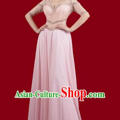 Top Grade Stage Show Pink Slim Dress Annual Meeting Clothing Catwalks Embroidered Beads Full Dress