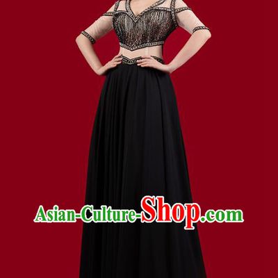 Top Grade Annual Meeting Clothing Catwalks Embroidered Beads Full Dress Stage Show Black Slim Dress