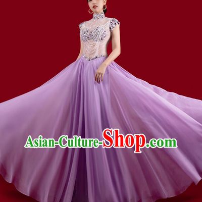 Top Grade Embroidered Beads Tassel Full Dress Annual Meeting Stage Show Violet Dress Catwalks Clothing