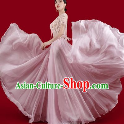 Top Grade Annual Meeting Stage Show Pink Dress Catwalks Embroidered Clothing Beads Tassel Full Dress
