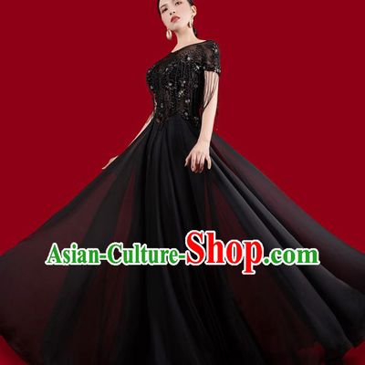 Top Grade Catwalks Embroidered Clothing Beads Tassel Full Dress Annual Meeting Stage Show Black Dress