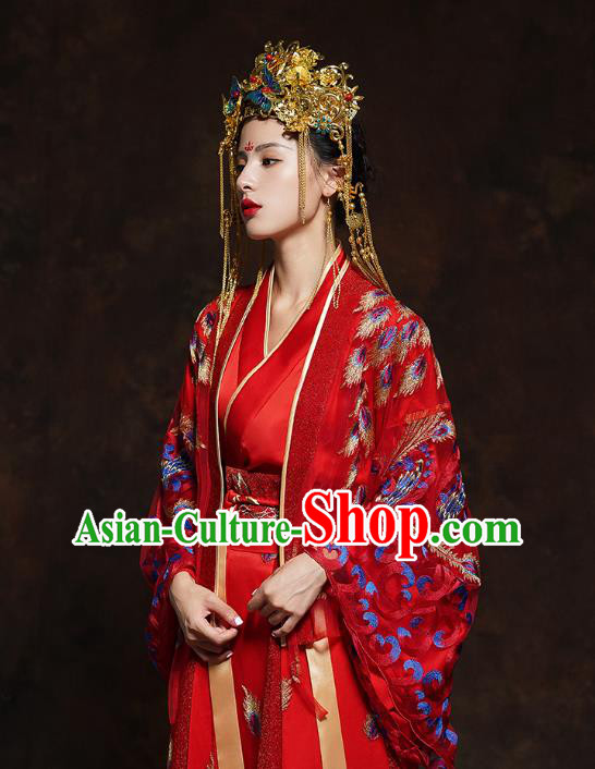 China Classical Wedding Bride Red Toast Dress Traditional Ancient Queen Embroidered Costumes China Classical Wedding Bride Red Toast Dress Traditional Ancient Queen Embroidered Costumes
