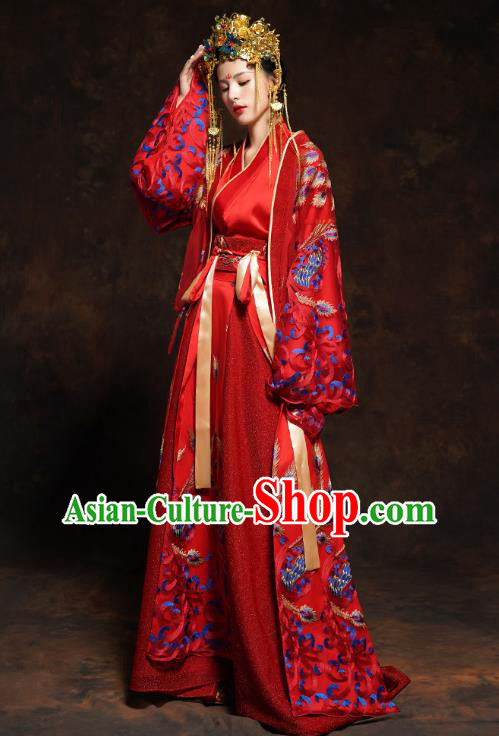 China Classical Wedding Bride Red Toast Dress Traditional Ancient Queen Embroidered Costumes China Classical Wedding Bride Red Toast Dress Traditional Ancient Queen Embroidered Costumes