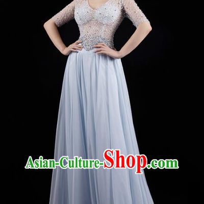 Top Grade Stage Show Clothing Embroidery Beads Light Blue Full Dress Annual Meeting Dress