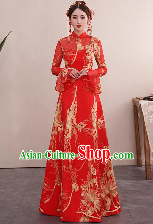 Chinese Traditional Wedding Bride Red Cheongsam Clothing Classical Embroidered Toast Dress Chinese Traditional Wedding Bride Red Cheongsam Clothing Classical Embroidered Toast Dress