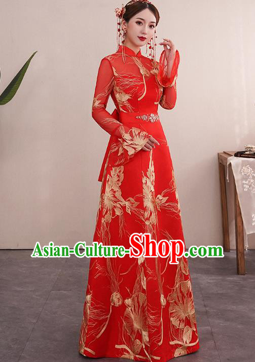 Chinese Traditional Wedding Bride Red Cheongsam Clothing Classical Embroidered Toast Dress Chinese Traditional Wedding Bride Red Cheongsam Clothing Classical Embroidered Toast Dress