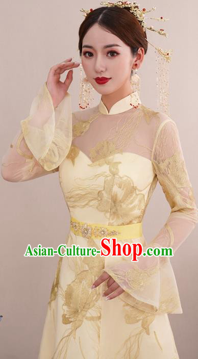 Chinese Classical Embroidered Toast Dress Traditional Wedding Bride Light Golden Cheongsam Clothing Chinese Classical Embroidered Toast Dress Traditional Wedding Bride Light Golden Cheongsam Clothing
