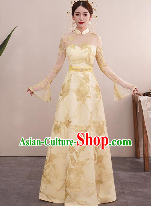 Chinese Classical Embroidered Toast Dress Traditional Wedding Bride Light Golden Cheongsam Clothing Chinese Classical Embroidered Toast Dress Traditional Wedding Bride Light Golden Cheongsam Clothing