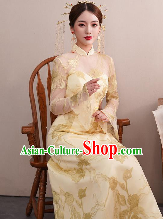 Chinese Classical Embroidered Toast Dress Traditional Wedding Bride Light Golden Cheongsam Clothing Chinese Classical Embroidered Toast Dress Traditional Wedding Bride Light Golden Cheongsam Clothing