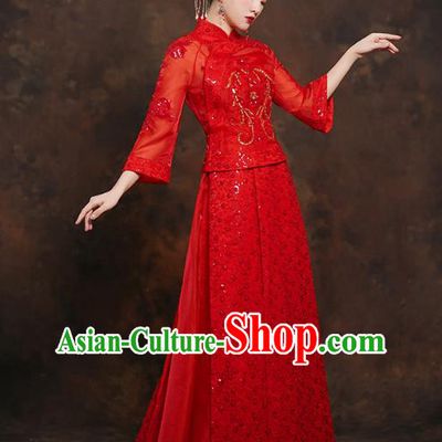 China Classical Bride Red Blouse and Dress Traditional Embroidered Wedding Costumes
