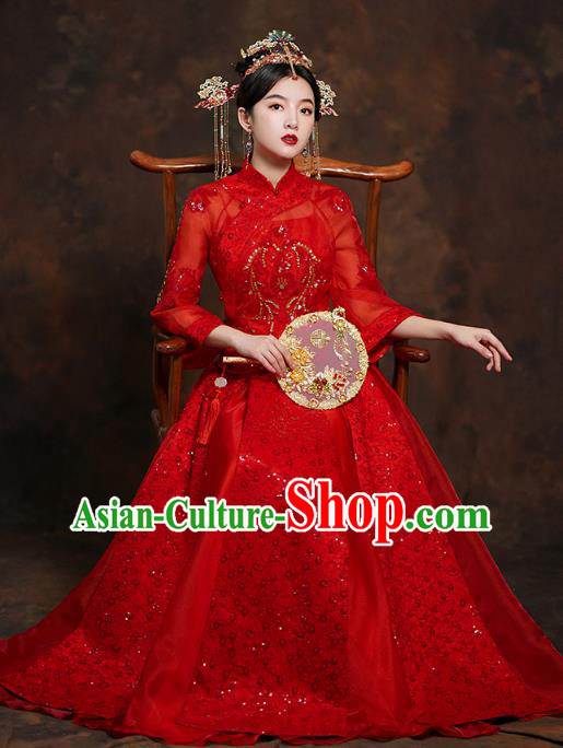 China Classical Bride Red Blouse and Dress Traditional Embroidered Wedding Costumes China Classical Bride Red Blouse and Dress Traditional Embroidered Wedding Costumes