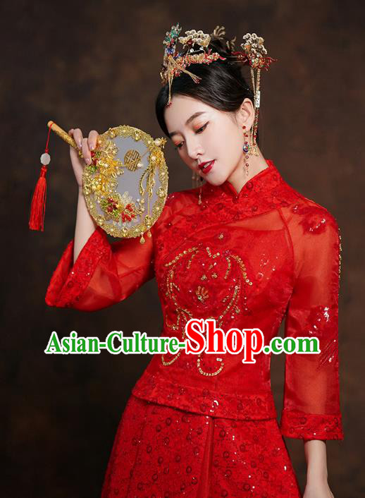 China Classical Bride Red Blouse and Dress Traditional Embroidered Wedding Costumes China Classical Bride Red Blouse and Dress Traditional Embroidered Wedding Costumes