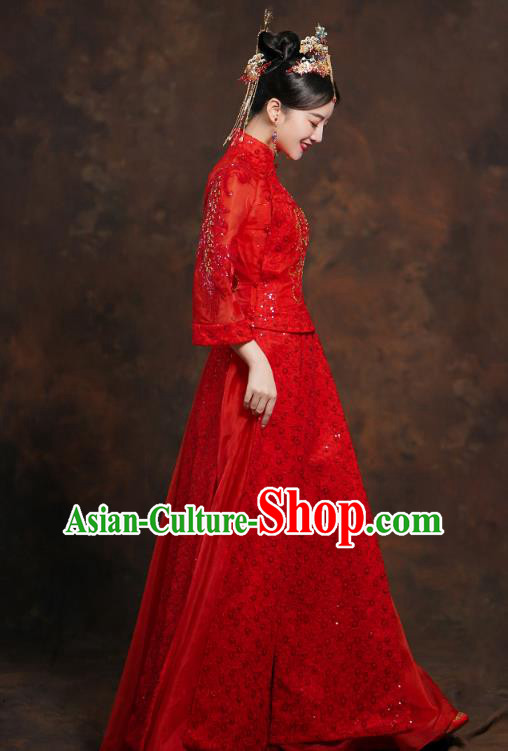 China Classical Bride Red Blouse and Dress Traditional Embroidered Wedding Costumes China Classical Bride Red Blouse and Dress Traditional Embroidered Wedding Costumes
