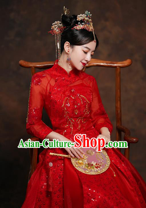 China Classical Bride Red Blouse and Dress Traditional Embroidered Wedding Costumes China Classical Bride Red Blouse and Dress Traditional Embroidered Wedding Costumes