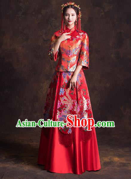 China Classical Xiuhe Suits Red Brocade Blouse and Dress Traditional Wedding Bride Costumes China Classical Xiuhe Suits Red Brocade Blouse and Dress Traditional Wedding Bride Costumes