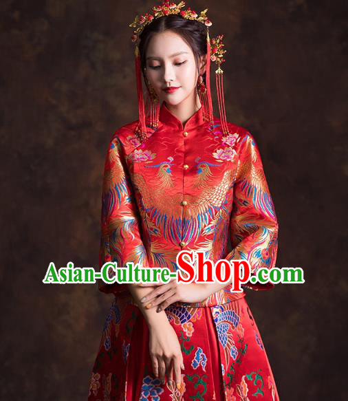 China Classical Xiuhe Suits Red Brocade Blouse and Dress Traditional Wedding Bride Costumes China Classical Xiuhe Suits Red Brocade Blouse and Dress Traditional Wedding Bride Costumes