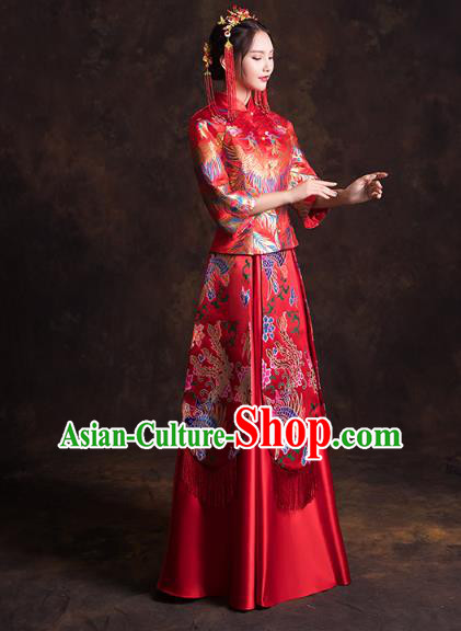 China Classical Xiuhe Suits Red Brocade Blouse and Dress Traditional Wedding Bride Costumes China Classical Xiuhe Suits Red Brocade Blouse and Dress Traditional Wedding Bride Costumes