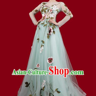 Top Grade Annual Meeting Veil Dress Stage Show Clothing Embroidery Light Green Full Dress