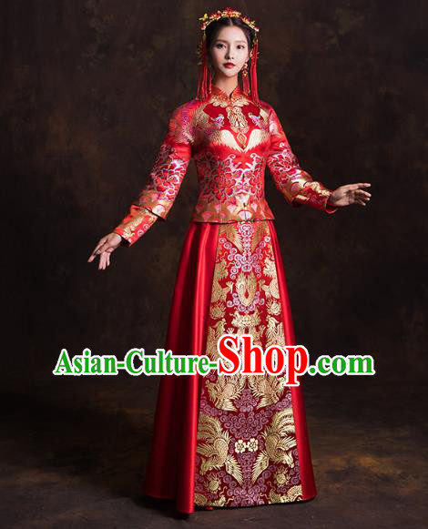China Traditional Wedding Bride Costumes Classical Xiuhe Suits Red Brocade Mandarin Jacket and Dress China Traditional Wedding Bride Costumes Classical Xiuhe Suits Red Brocade Mandarin Jacket and Dress