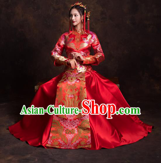 China Traditional Wedding Bride Costumes Classical Xiuhe Suits Red Brocade Mandarin Jacket and Dress China Traditional Wedding Bride Costumes Classical Xiuhe Suits Red Brocade Mandarin Jacket and Dress